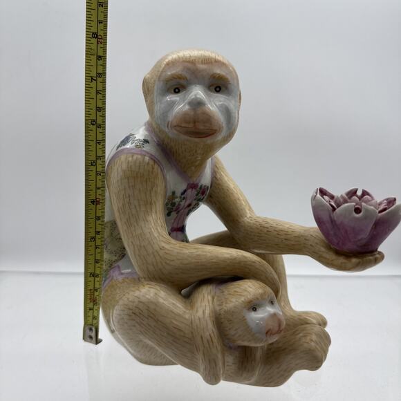 Vintage Chinoiserie Porcelain Ceramic Monkey Baby Lotus Flower People Rep China - Picture 7 of 16